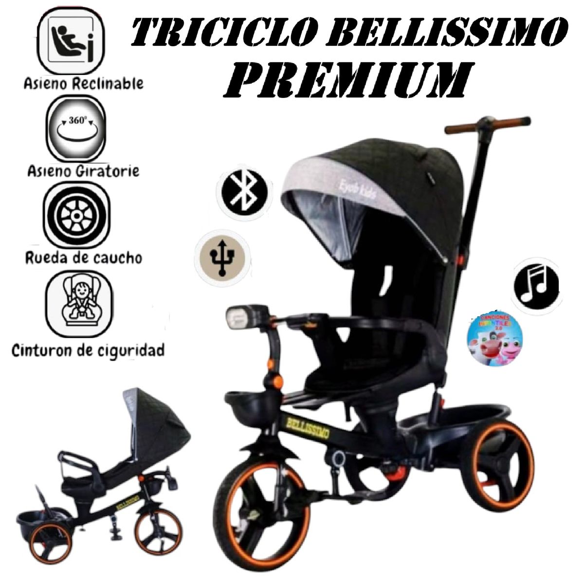 GENERICO - Triciclo Miusical USB Bluetooth Bellissimo Premium -Negro