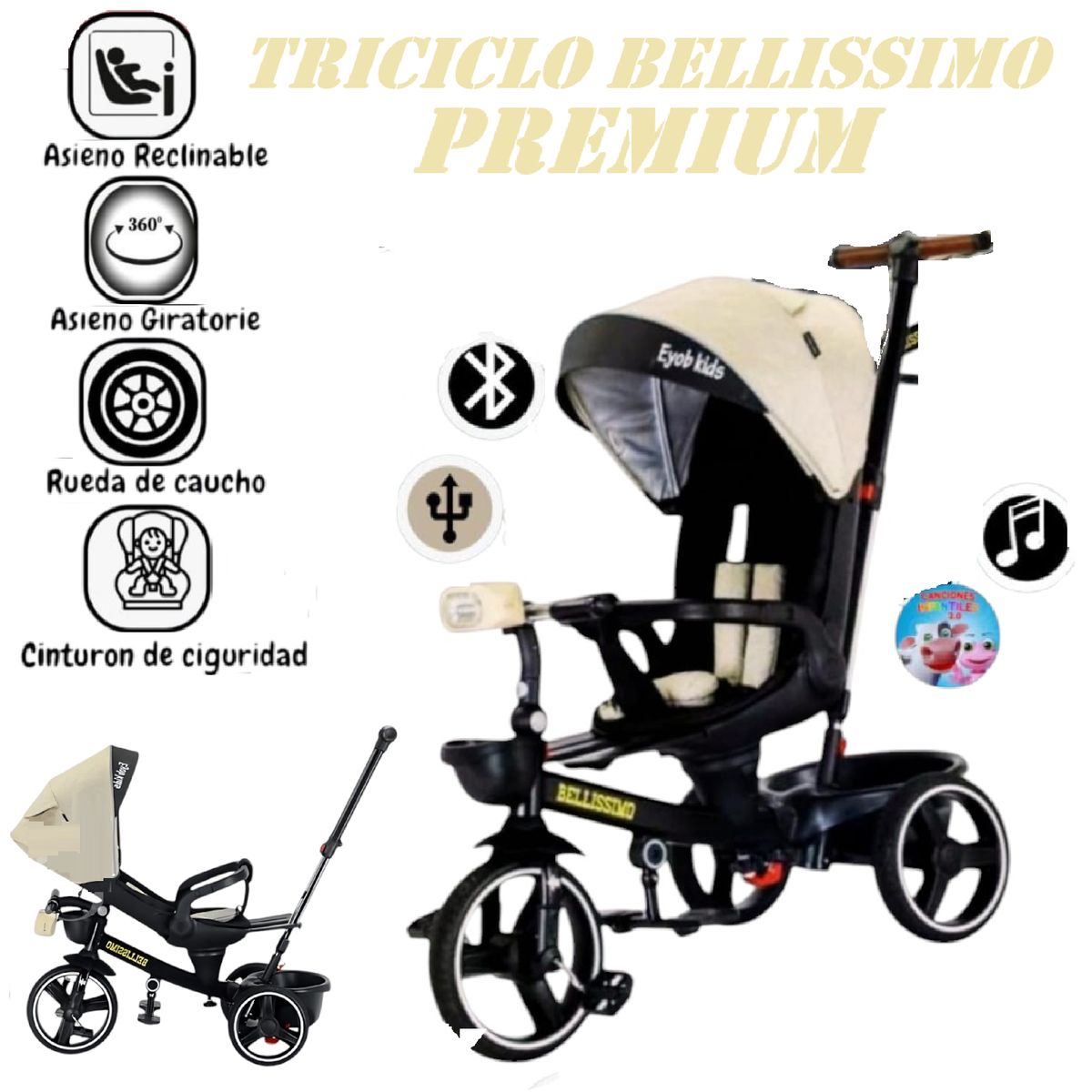 GENERICO - Triciclo Miusical USB Bluetooth Bellissimo Premium -Beige