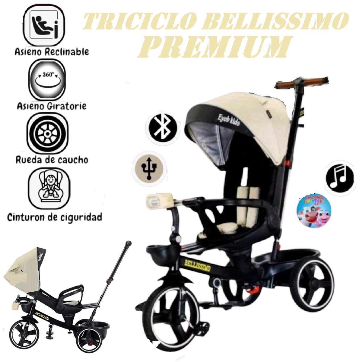 GENERICO - Triciclo Miusical USB Bluetooth Bellissimo Premium -Beige