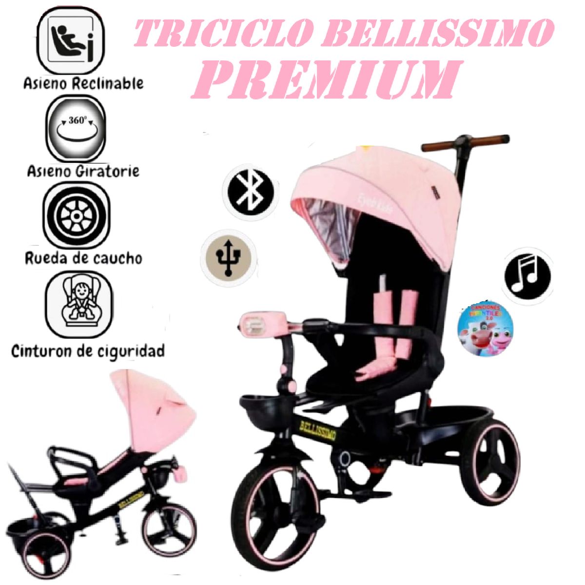 GENERICO - Triciclo Miusical USB Bluetooth Bellissimo Premium -Rosa