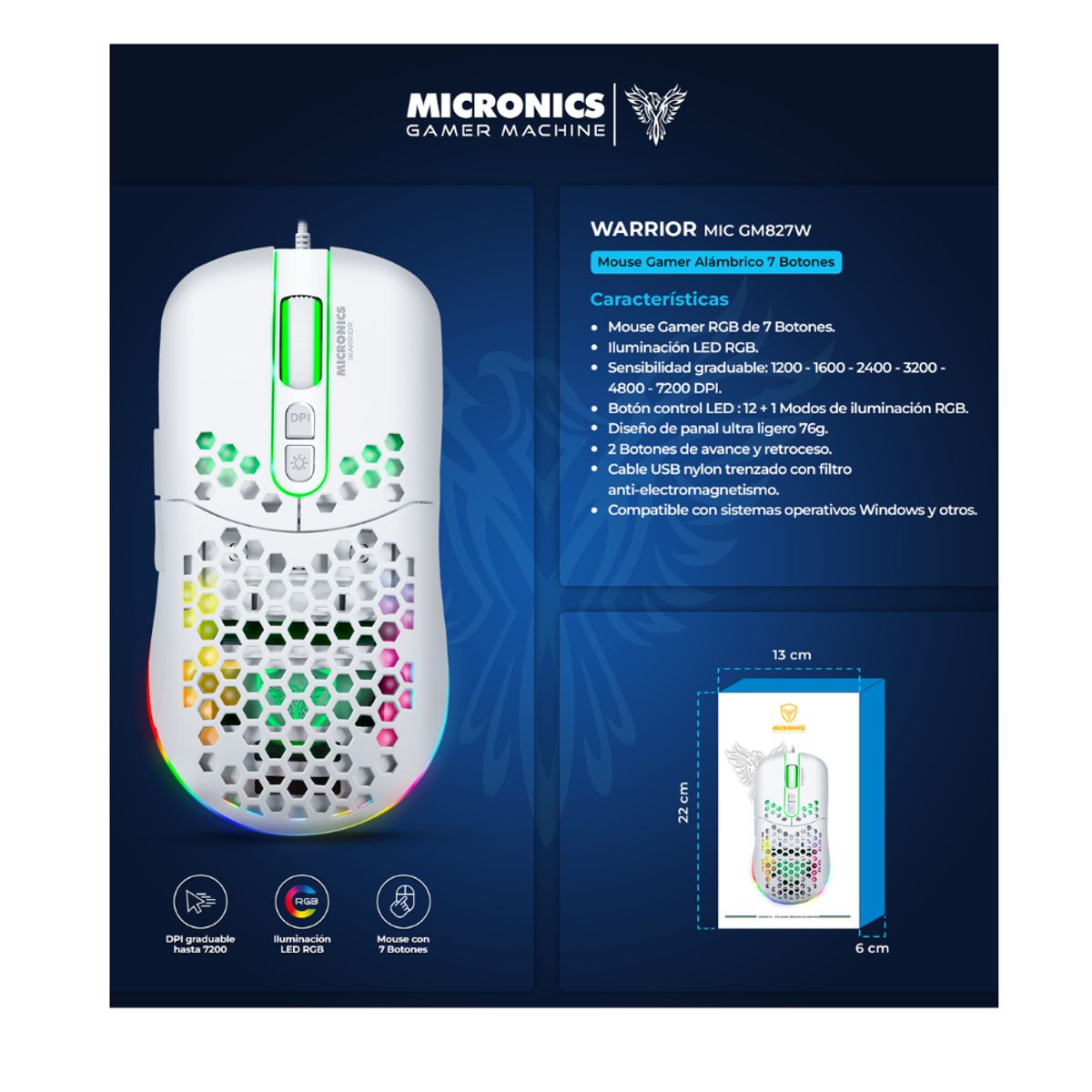 MICRONICS - Mouse Gamer Rgb 7b 7200dpi Blanco Micronics Warrior Mic Gm827
