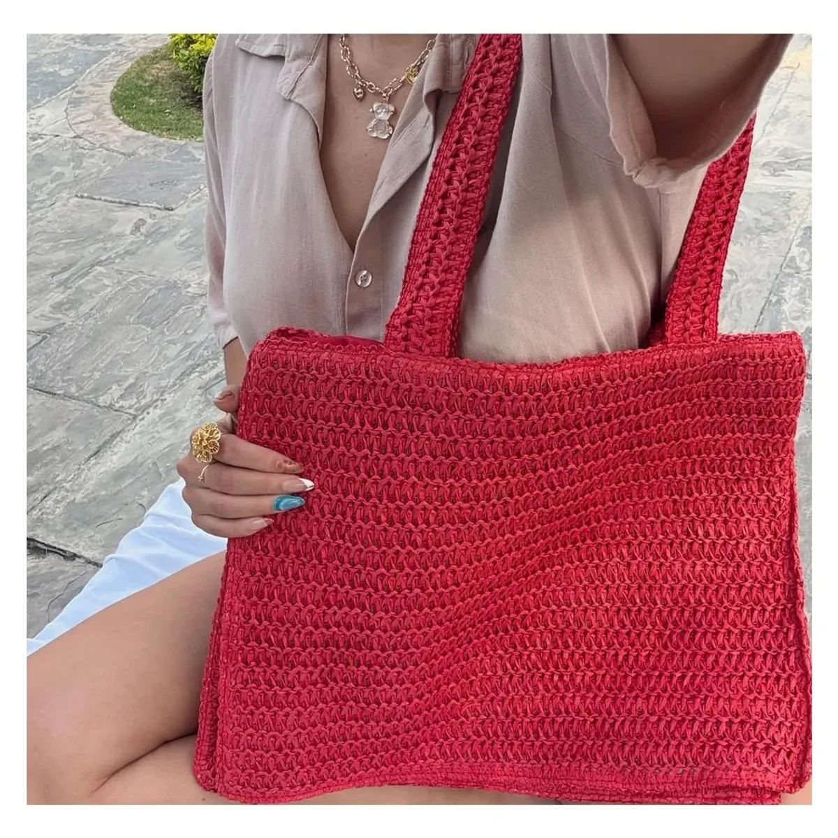 GENERICO - Bolso Cartera Shopper De Paja Playeras