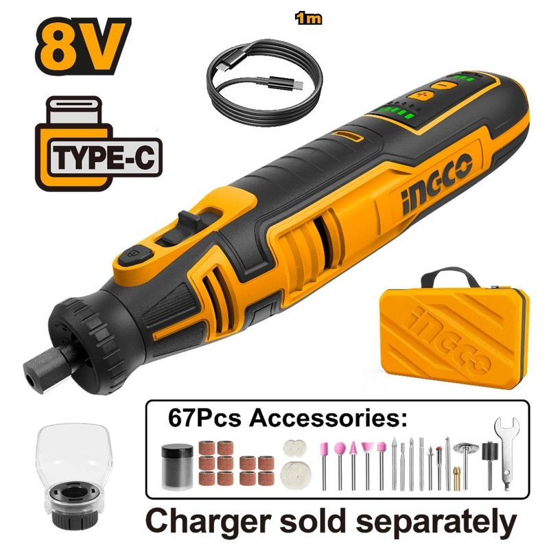 INGCO TOOLS - Mini Rectificadora 8V Inalámbrica Tipo C + Accesorios INGCO CMGLI0801