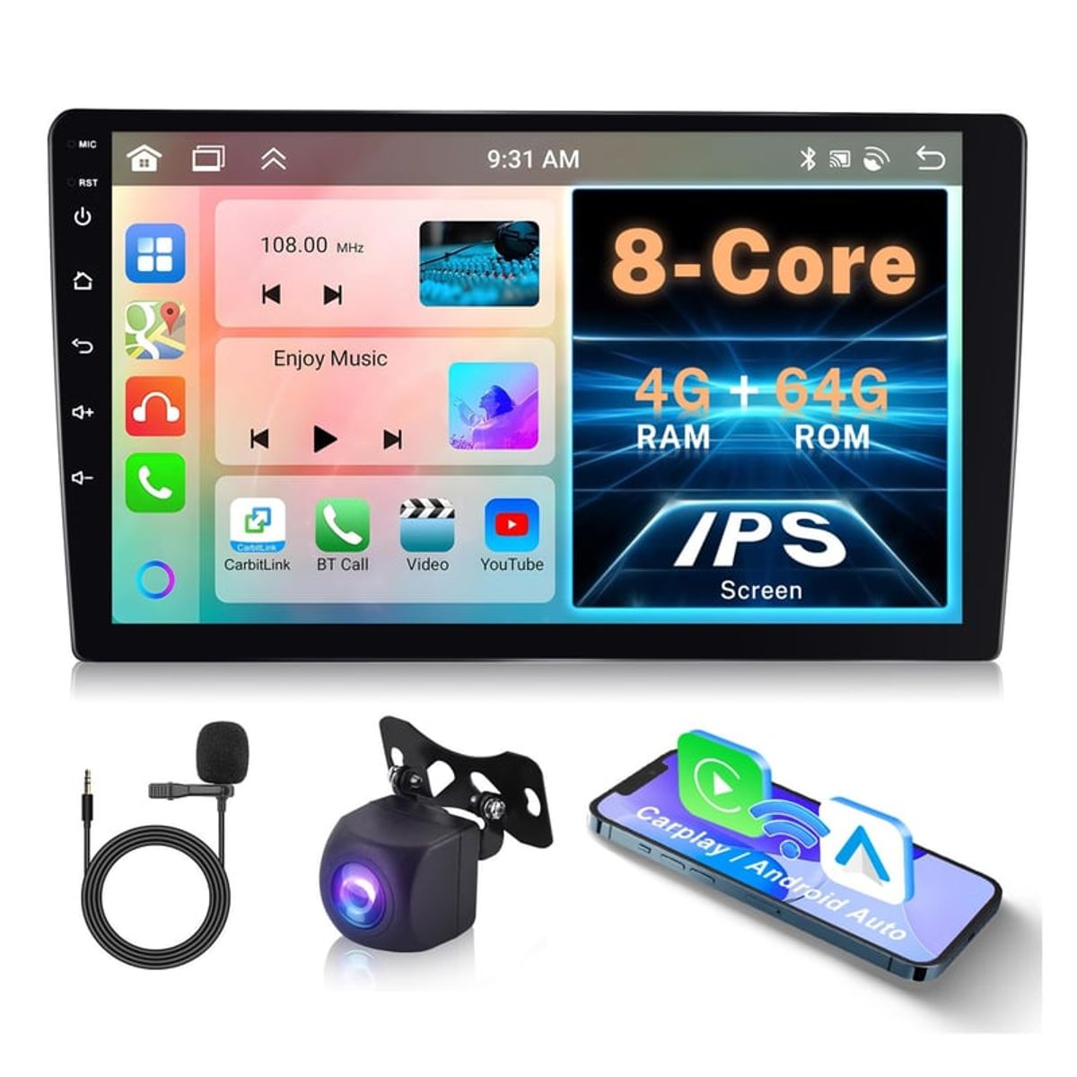 GENERICO - Autoradio Android 9Pulg Carplay 8core 4+64GB +Dash Cam