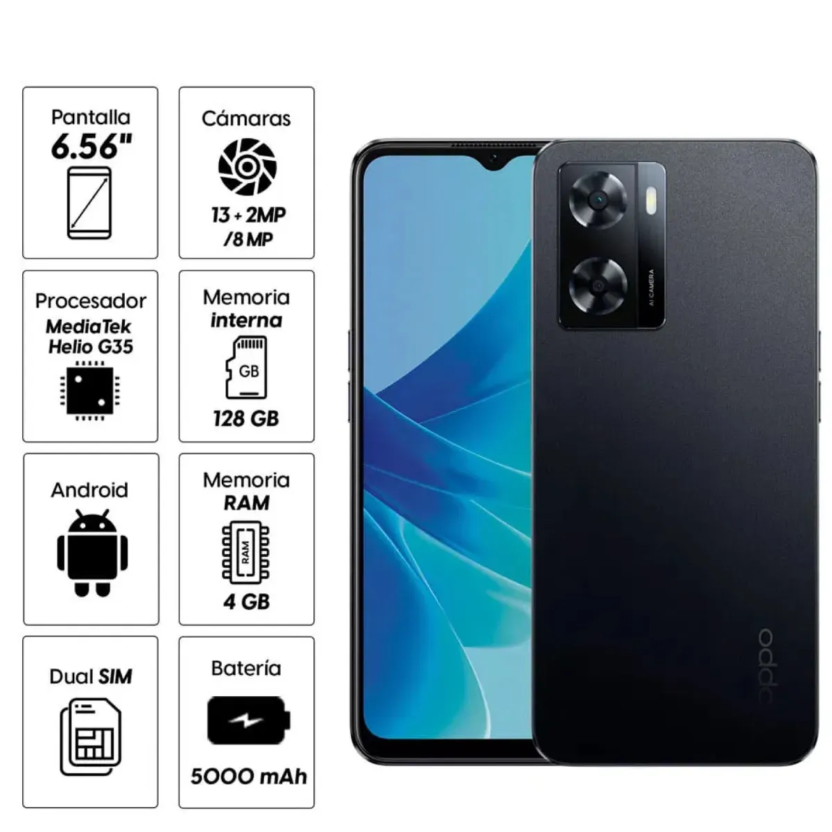 OPPO - Celular Oppo A57 128GB, 4GB ram, cámara principal 13 + 2MP, frontal 8MP, 6.56", negro