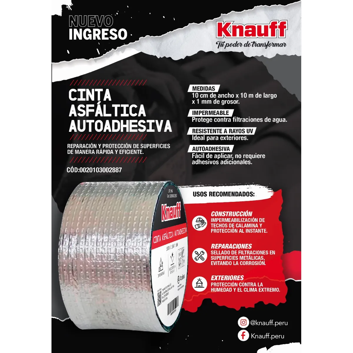 KNAUF - Cinta Asfáltica Autoadhesiva Impermeable y resistente a rayos UV