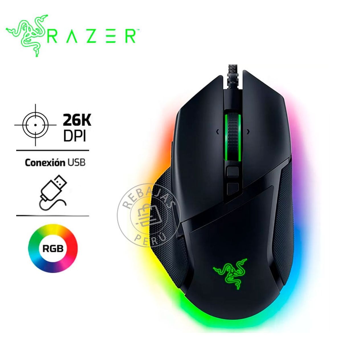 RAZER - Razer Basilisk V3  Mouse Gaming 26K DPI 11 Botones  Switch Óptico 70M
