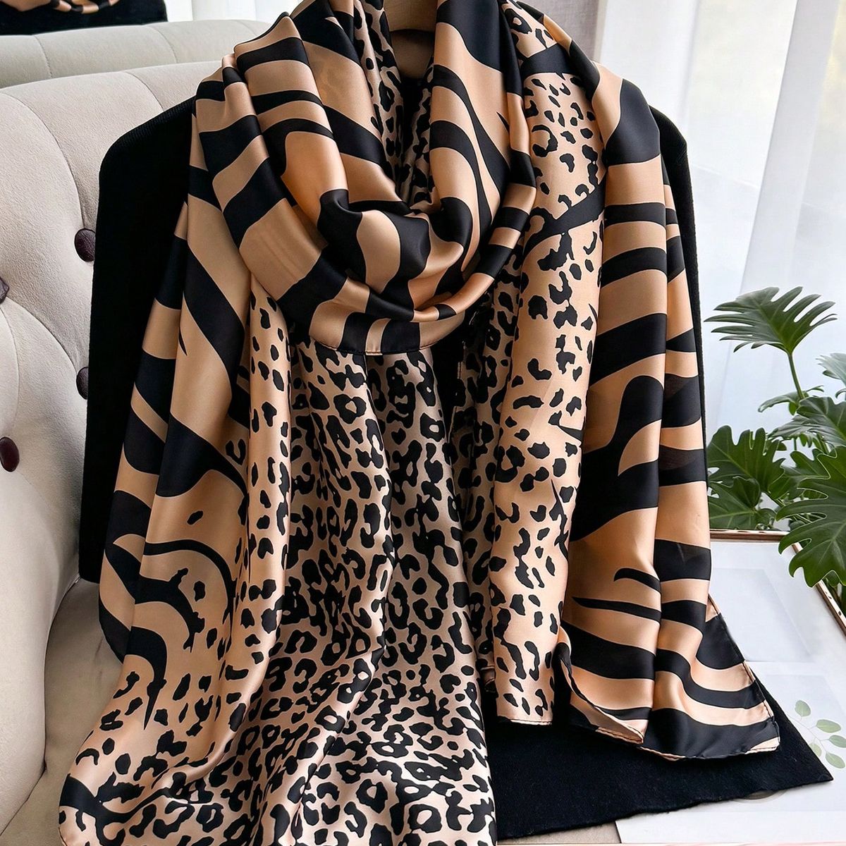 KAST PE - Bufanda Pashmina Savanna Beige y Negro con estampado Animal Print
