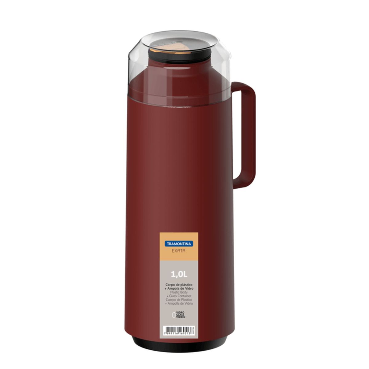 TRAMONTINA - Termo Tramontina Exata en Plástico rojo con ampolla de vidrio de 1 L