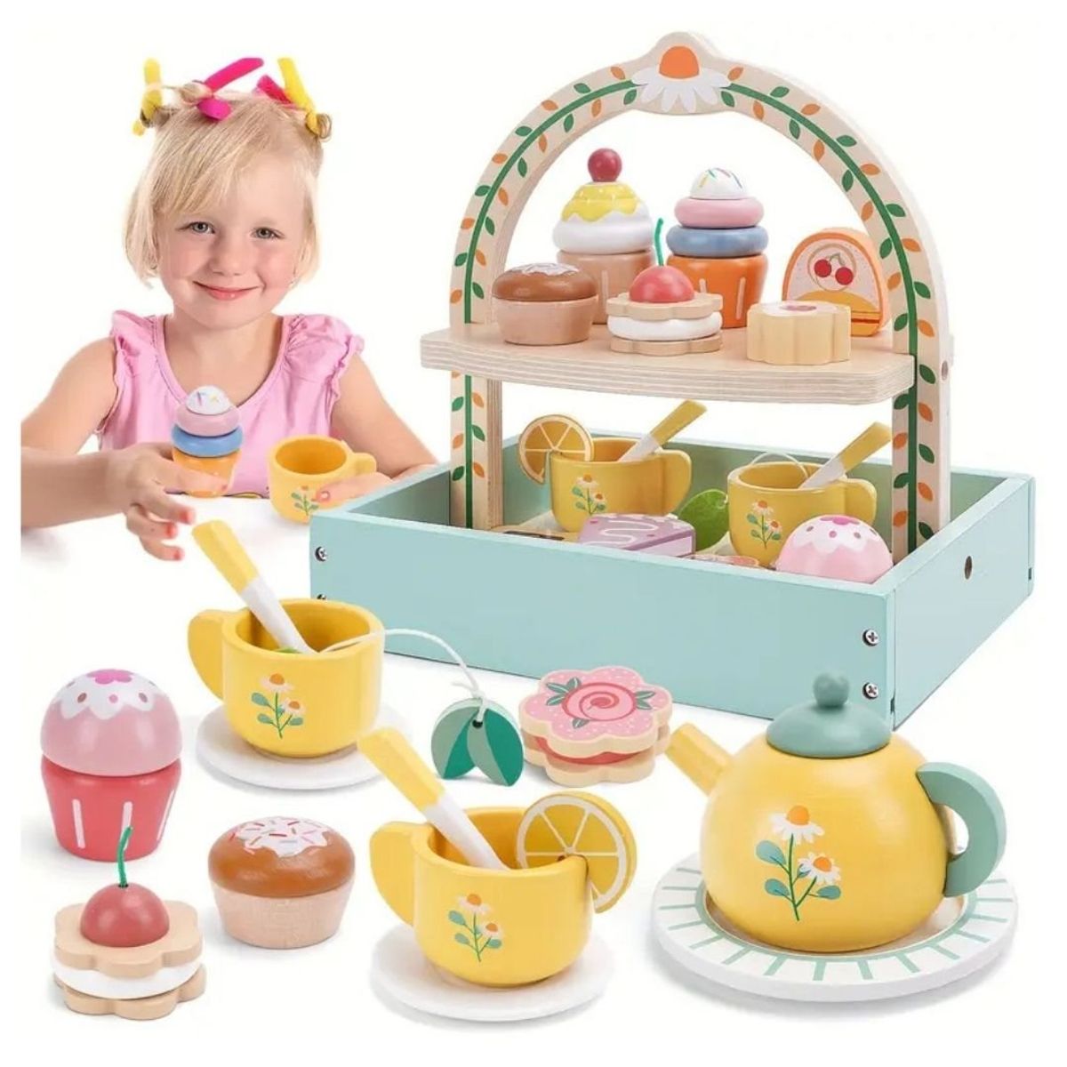 GENERICO - Juego de Té de Madera Con Postres para Niñas