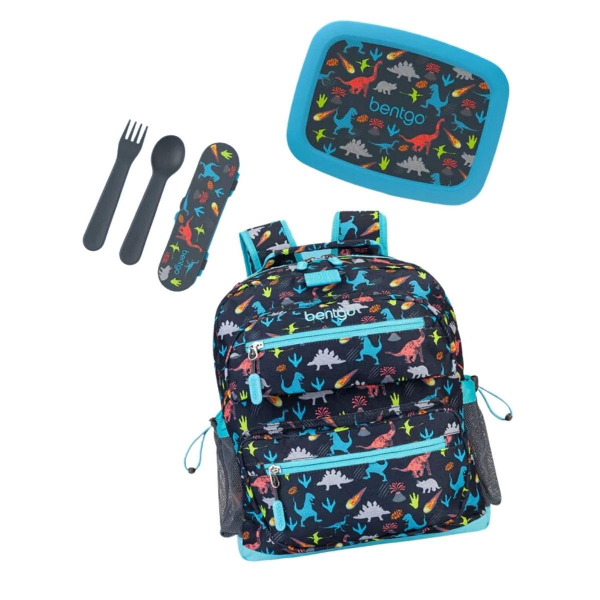 BENTGO - Set Bentgo Mochila Escolar, Lonchera y Cubiertos - Dinosaurios