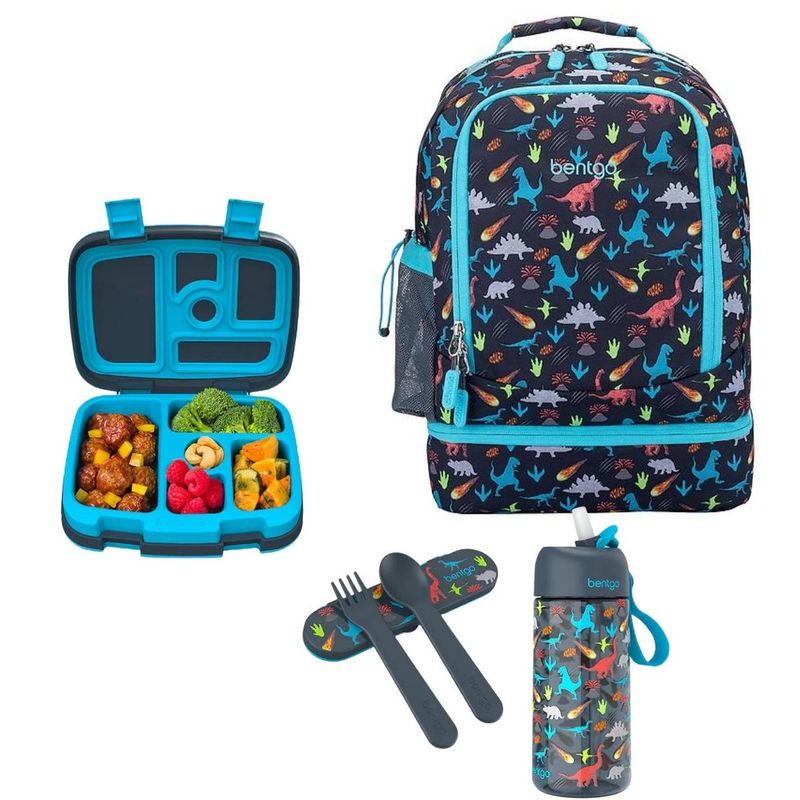 BENTGO - Set Bentgo Mochila 2 en 1, Lonchera, Cubiertos y Tomatodo - Dinosaurio