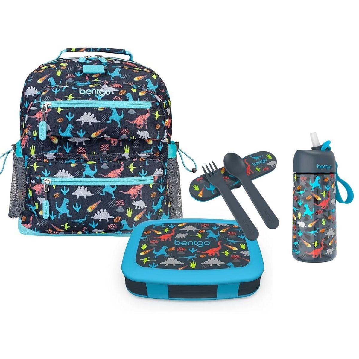 BENTGO - Set Bentgo Mochila Escolar, Lonchera, Cubiertos y Tomatodo - Dinosaurio