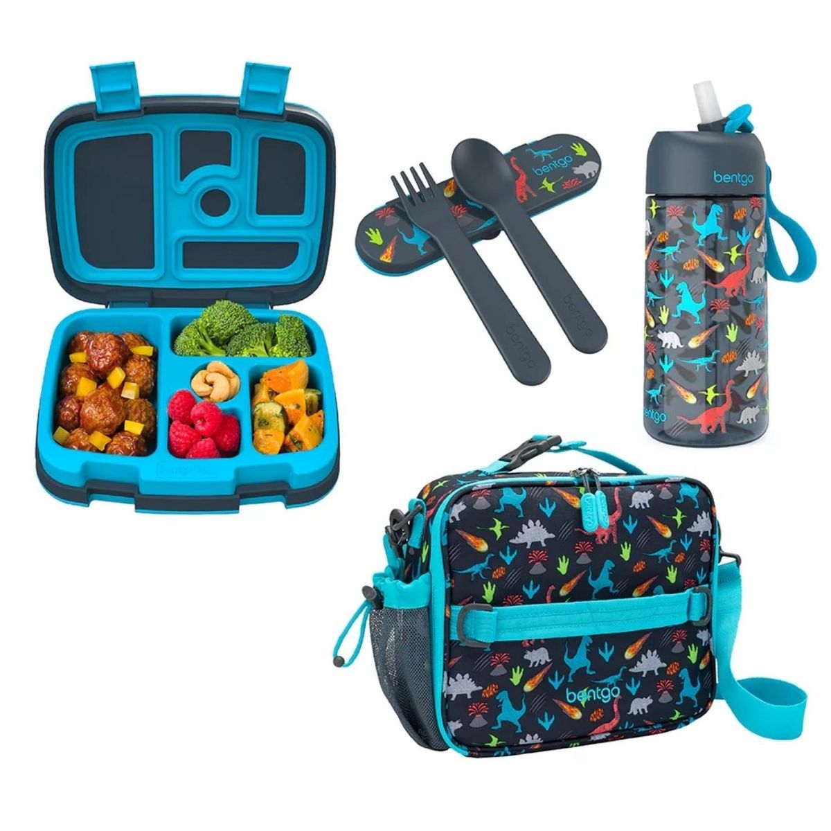 BENTGO - Set Bentgo Lonchera, Porta Lonchera, Cubiertos y Tomatodo - Dinosaurio