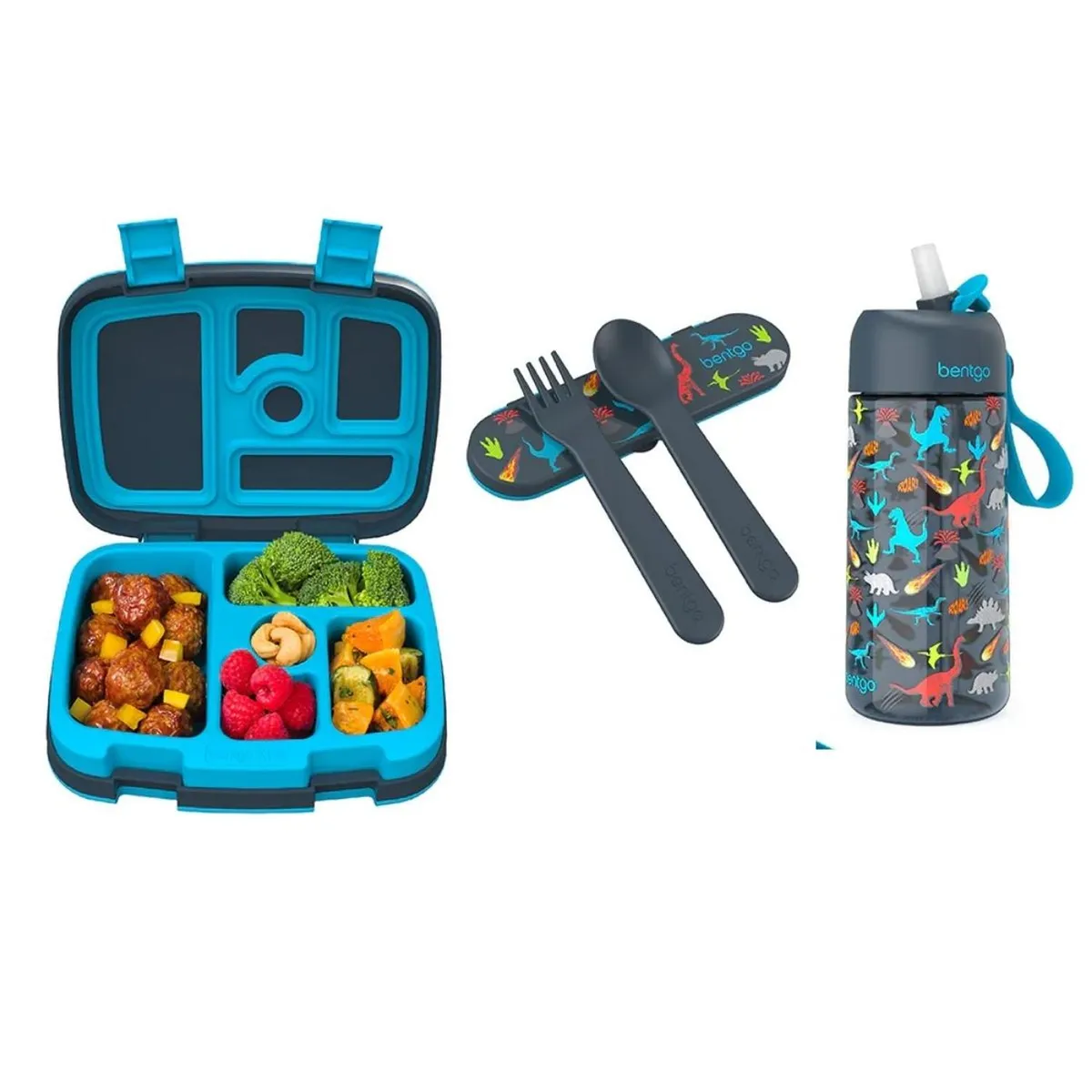 BENTGO - Set Bentgo Lonchera, Cubierto y Tomatodo - Dinosaurio