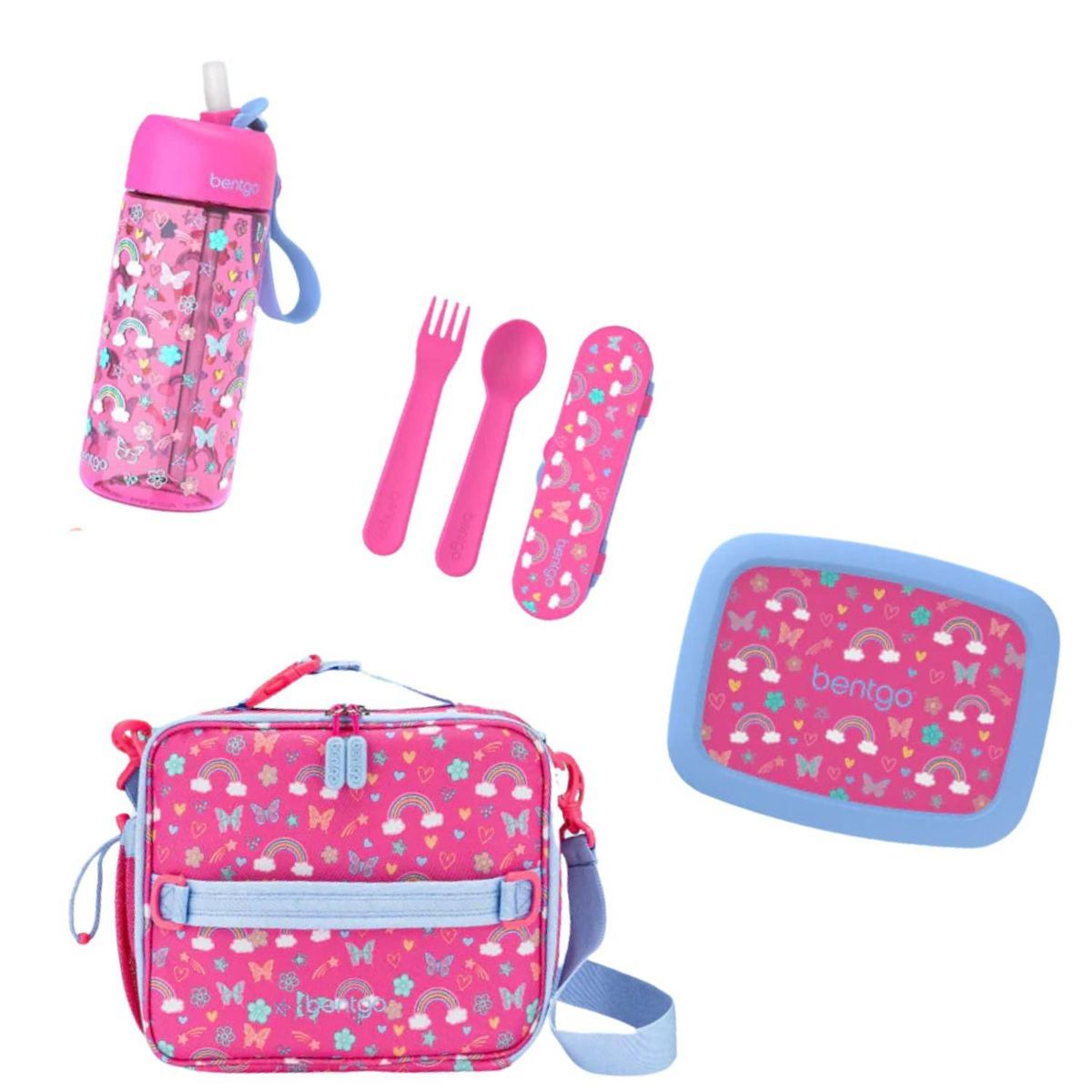 BENTGO - Set Bentgo Lonchera, Porta Lonchera, Cubiertos y Tomatodo - Mariposas