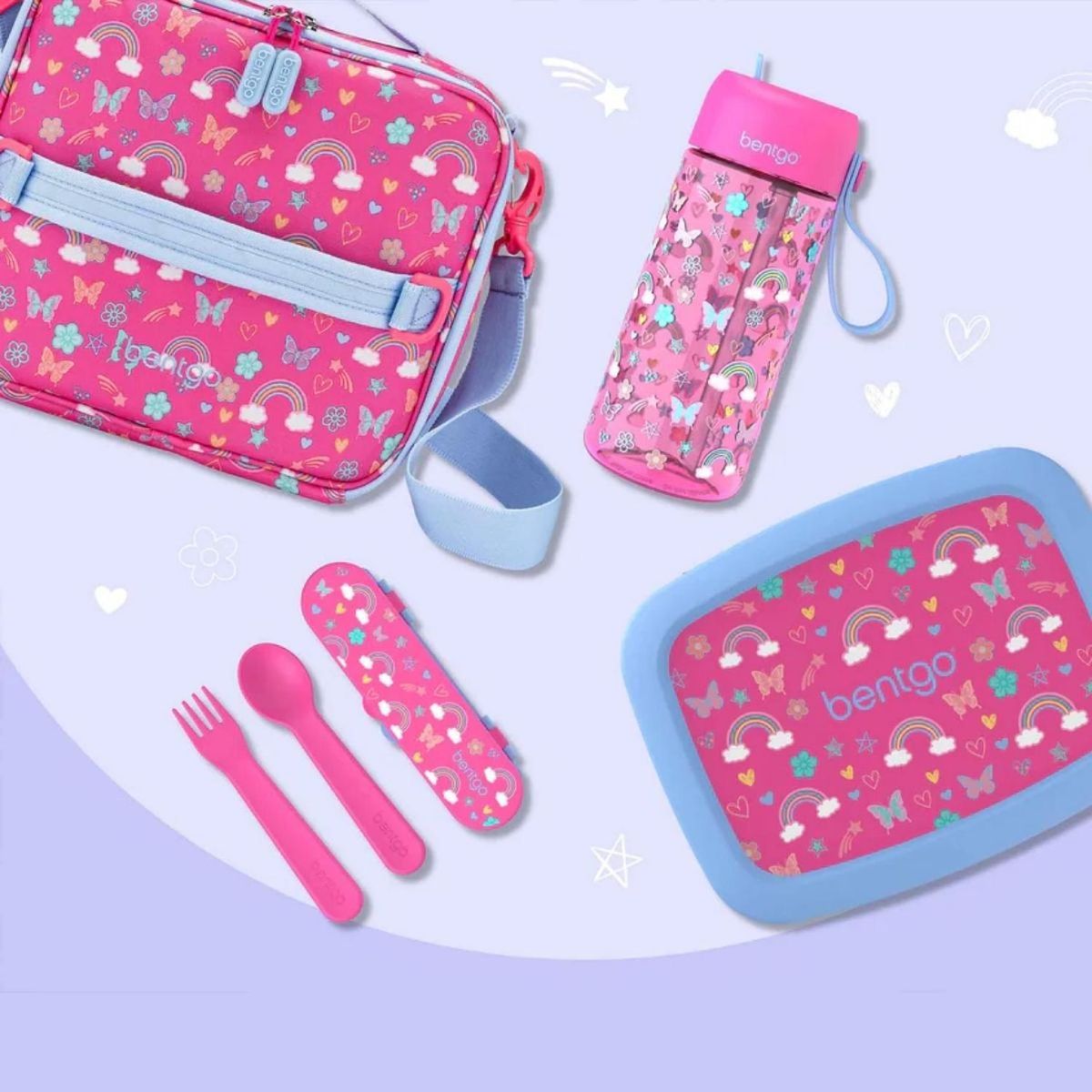 BENTGO - Set Bentgo Lonchera, Porta Lonchera, Cubiertos y Tomatodo - Mariposas