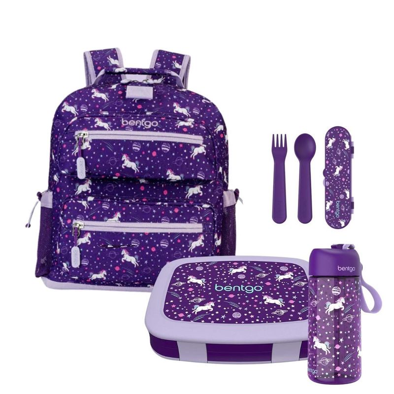 BENTGO - Set Bentgo Mochila Escolar, Lonchera, Cubiertos y Tomatodo - Unicornio