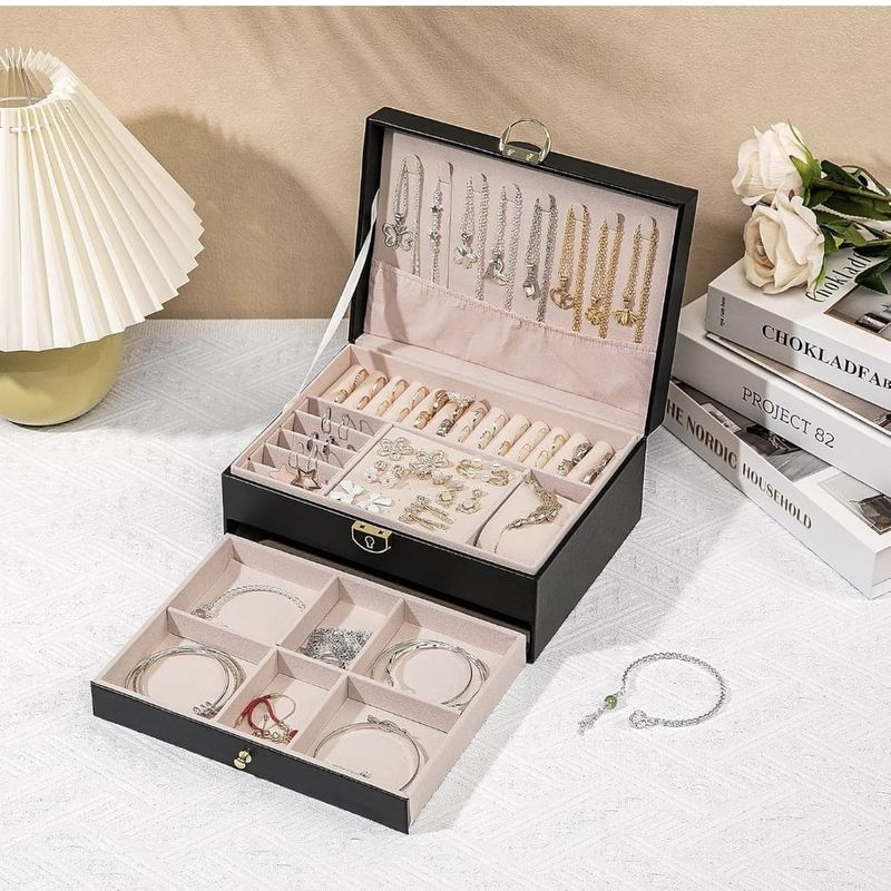 GENERICO - Joyero Grande de Dos Niveles PU Organizador de Joyas de 2 Niveles