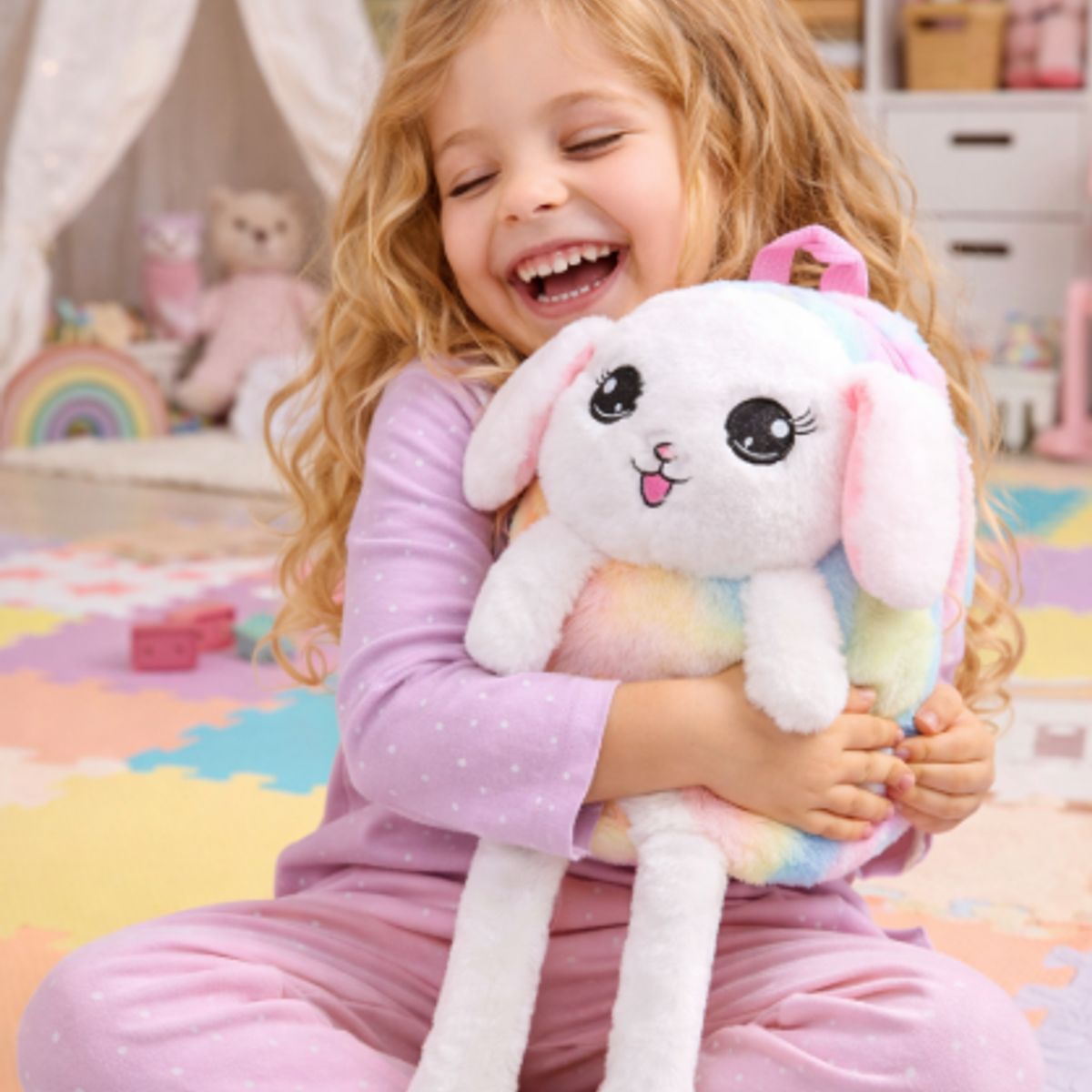 GENERICO - MOCHILA CON LUCES BOLSO MORRAL PELUCHE Y LEVANTA OREJAS 4 EN 1