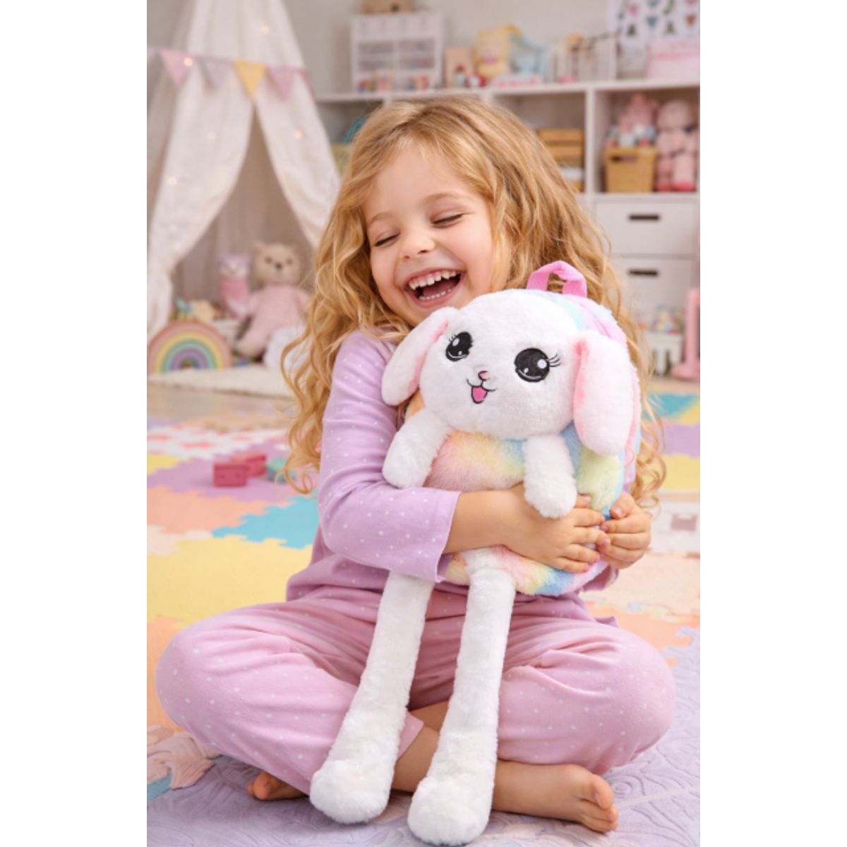 GENERICO - MOCHILA CON LUCES BOLSO MORRAL PELUCHE Y LEVANTA OREJAS 4 EN 1