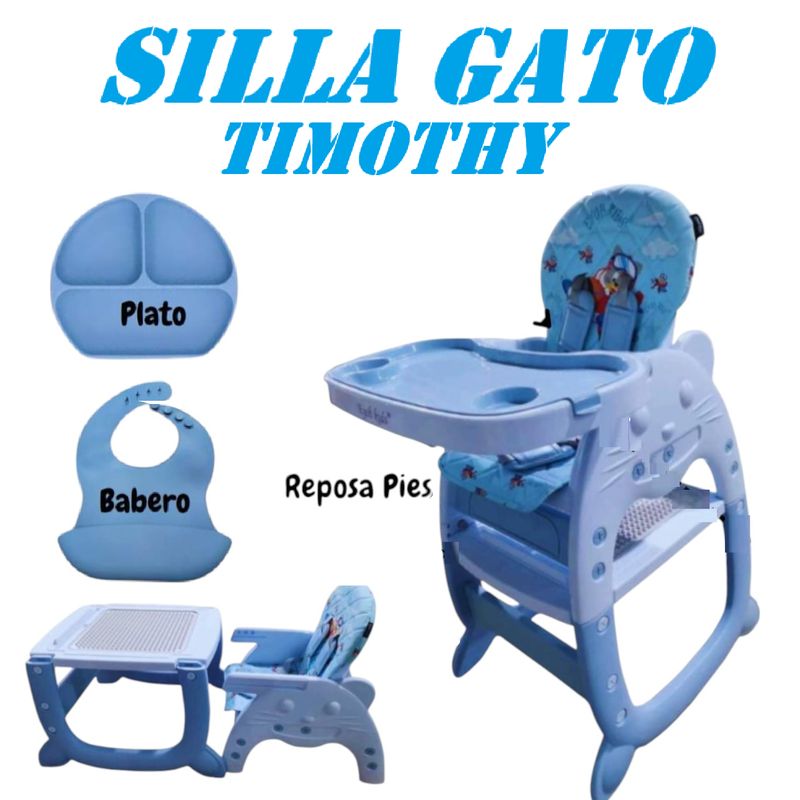 GENERICO - Silla Carpeta Gato 3 en 1 Timothy con Babero -Azul