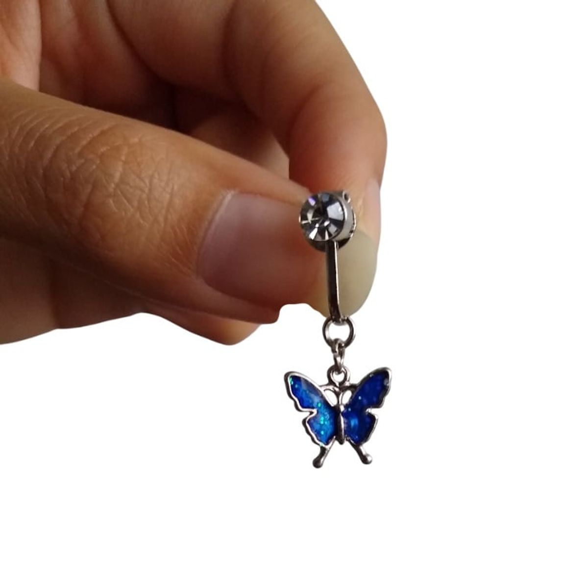 GENERICO - Piercing a presión falso para ombligo mariposa plateada con azul