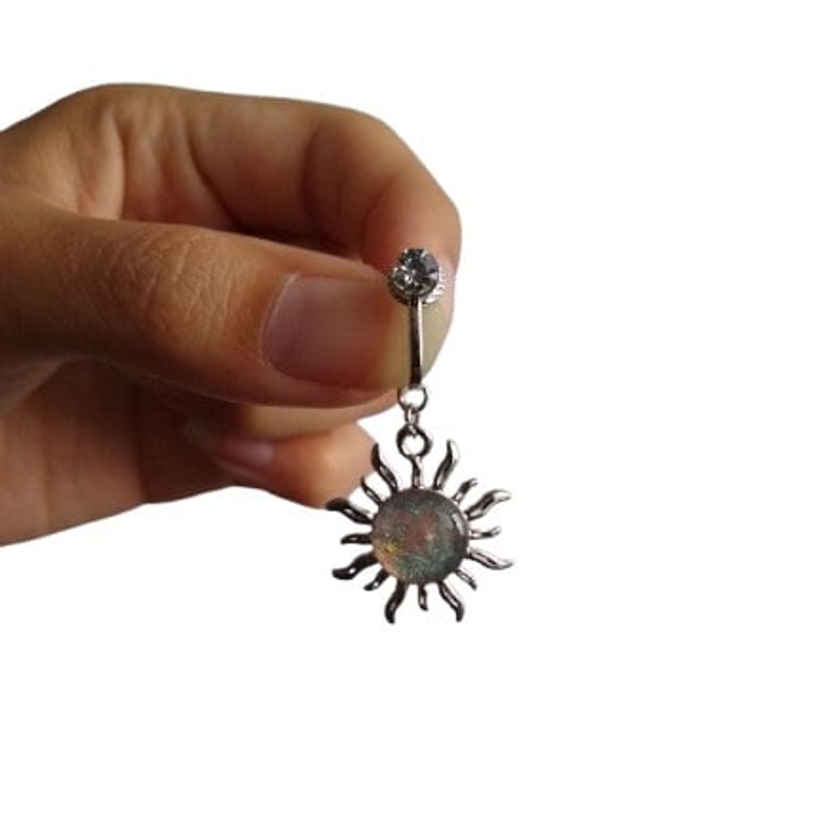 GENERICO - Piercing a presión falso para ombligo sol plateado efecto tornasol
