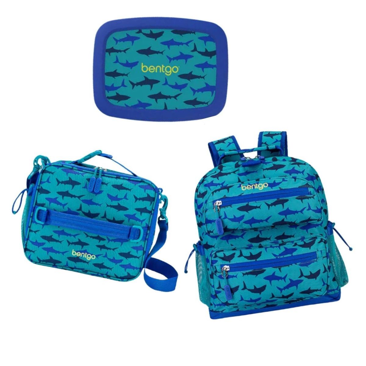 BENTGO - Set Bentgo Mochila Escolar, Lonchera y Porta Lonchera - Tiburones