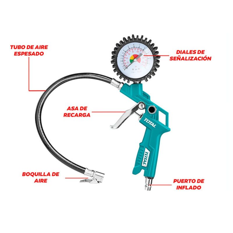 TOTAL TOOLS - Pistola infladora de llanta con manómetro 12bar Total