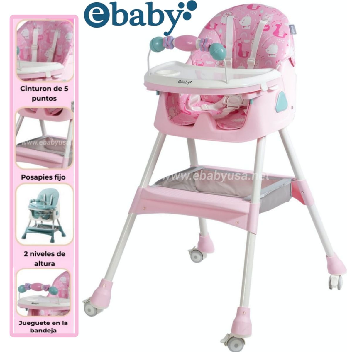 EBABY - Silla de Comer Mecedora Plegable Doble bandeja+ Rueda DALI