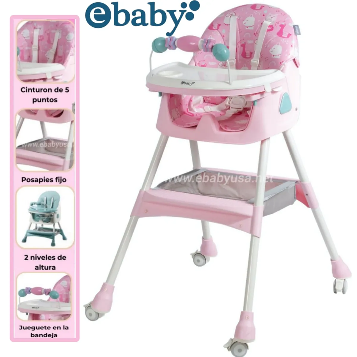 EBABY - Silla de Comer Mecedora Plegable Doble bandeja+ Rueda DALI