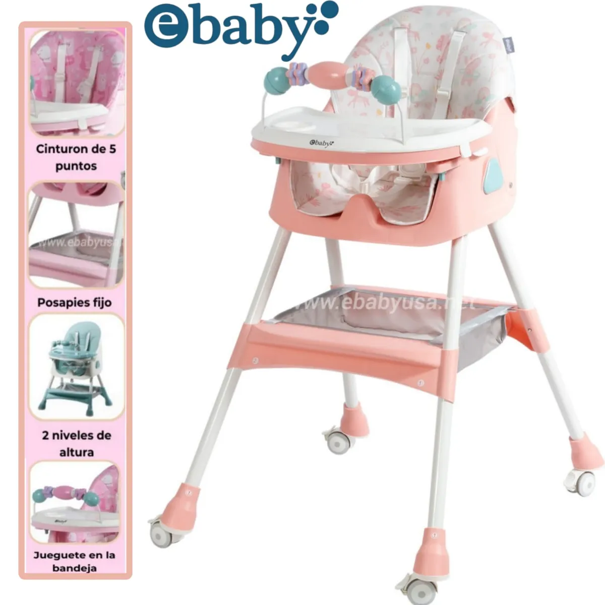 EBABY - Silla de Comer Mecedora Plegable Doble bandeja+ Rueda DALI