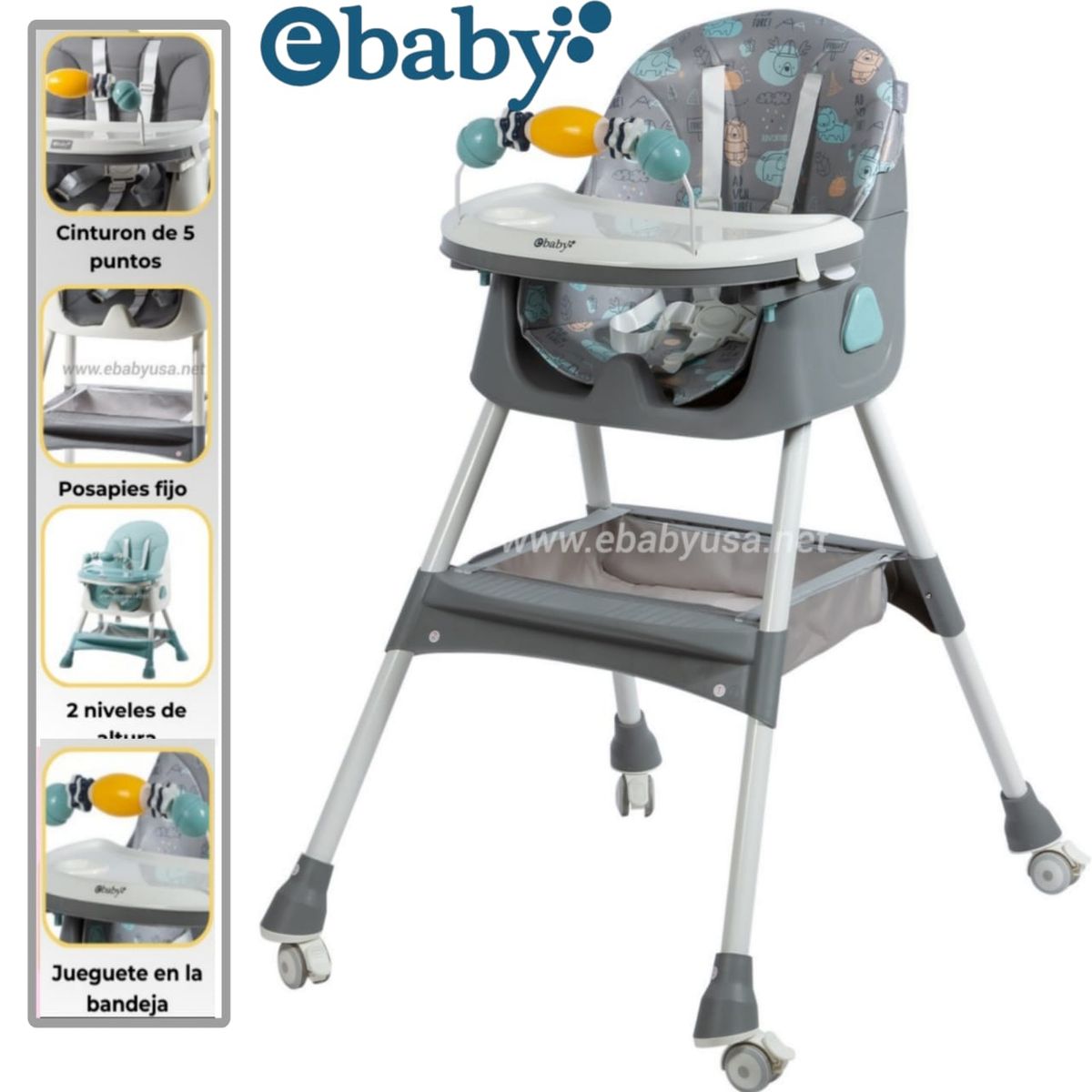 EBABY - Silla de Comer Mecedora Plegable Doble bandeja+ Rueda DALI