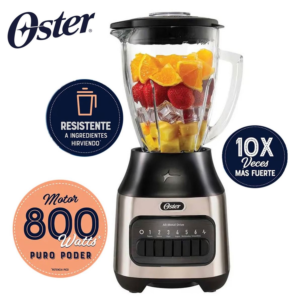 OSTER - Licuadora Con Vaso de Vidrio 6 Velocidades mas pulso 800W BLSTPEG-NPB