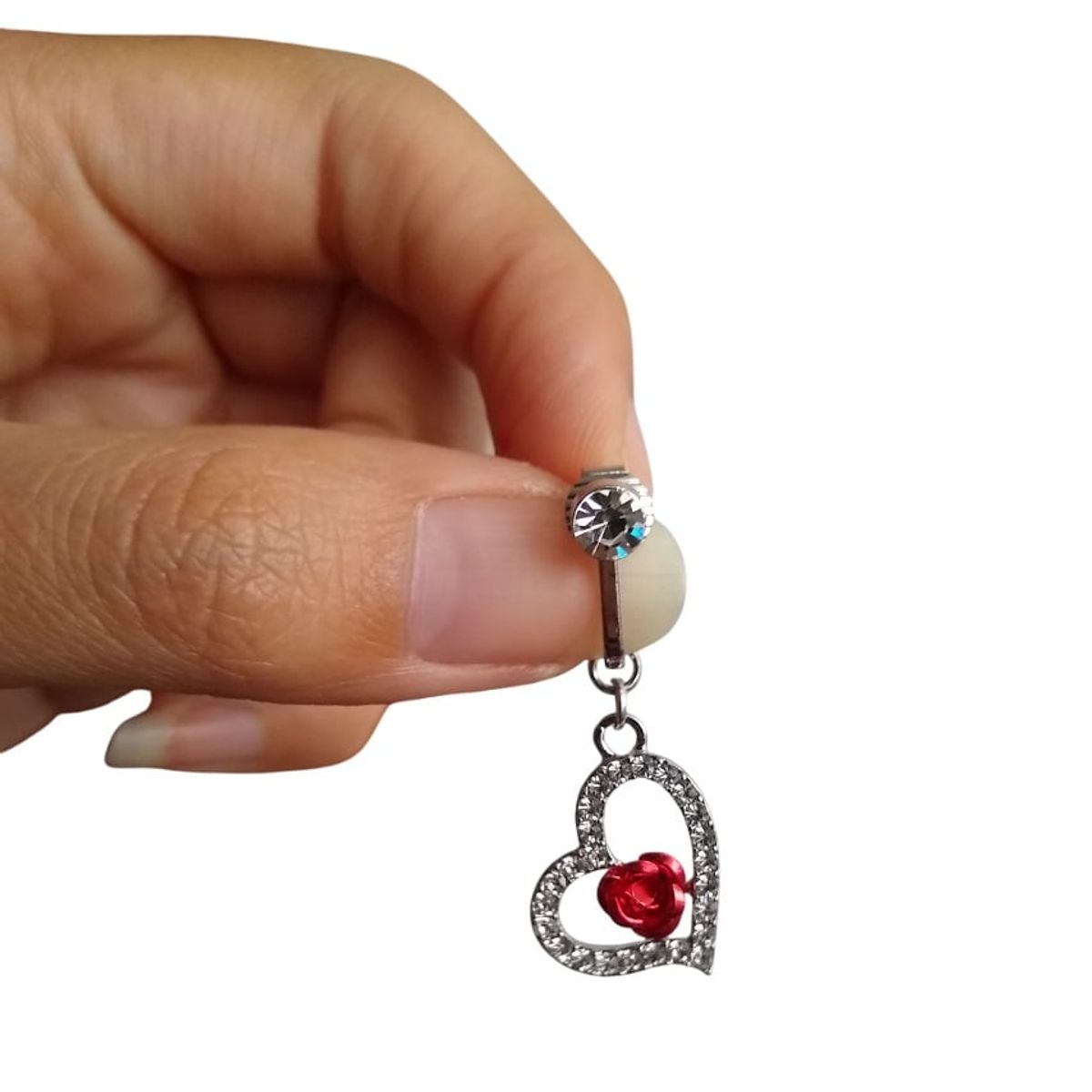 GENERICO - Piercing a presión falso ombligo corazón plateado brillos y rosa roja