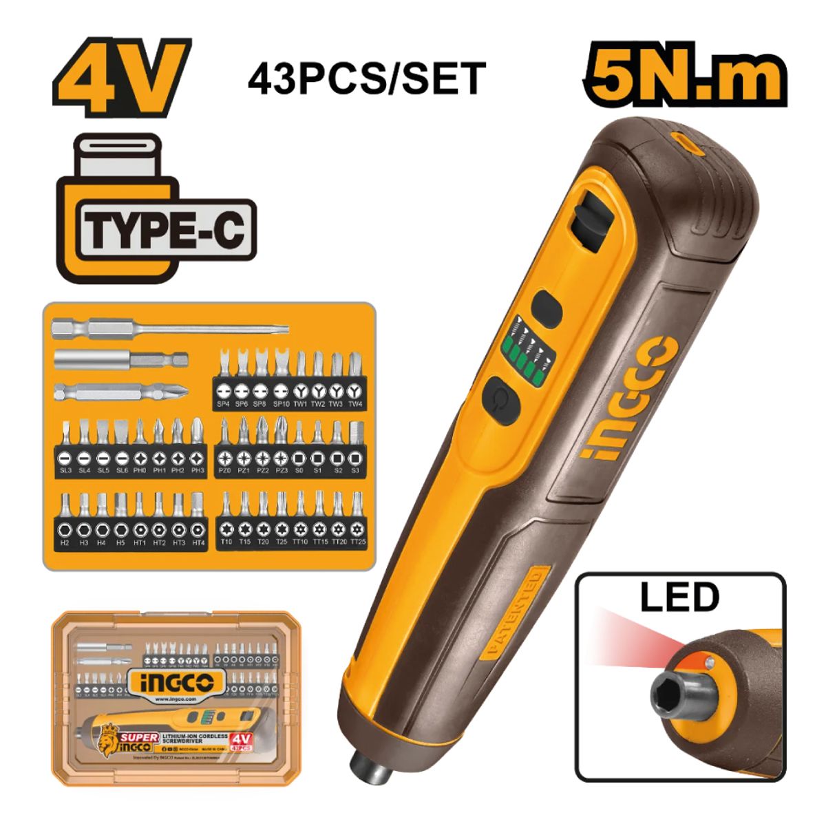 INGCO TOOLS - DESTORNILLADOR INALÁMBRICO INGCO 4V 5NM + 43 ACCESORIOS CSDLI04062