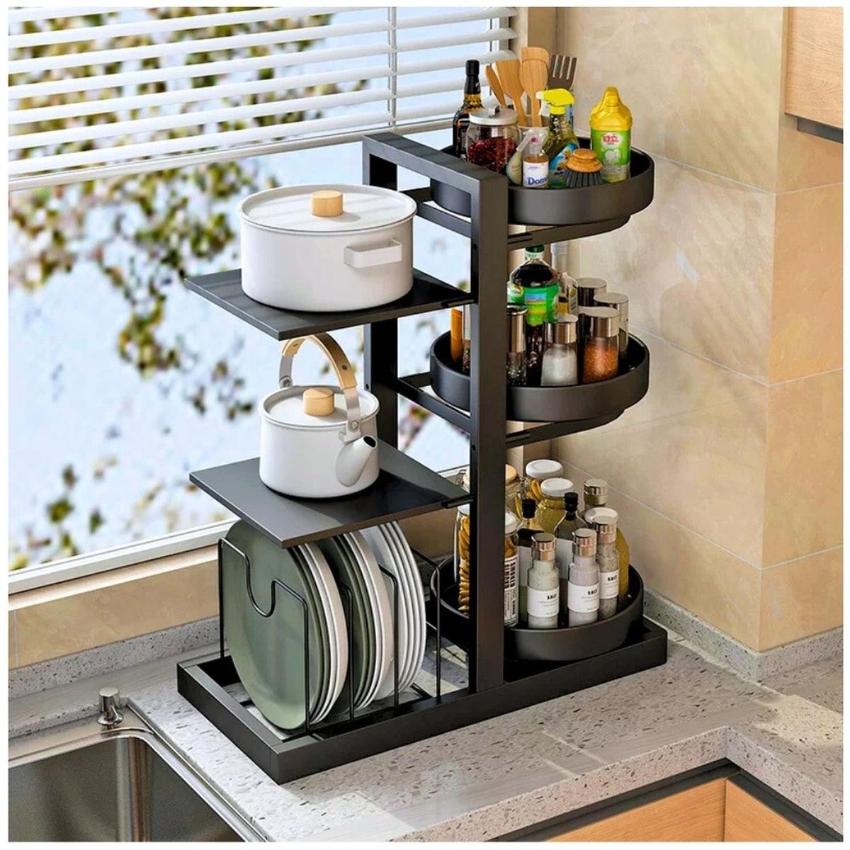 MINARI - Estante de Ollas Platos y Organizador Giratorio 3 Niveles OG69