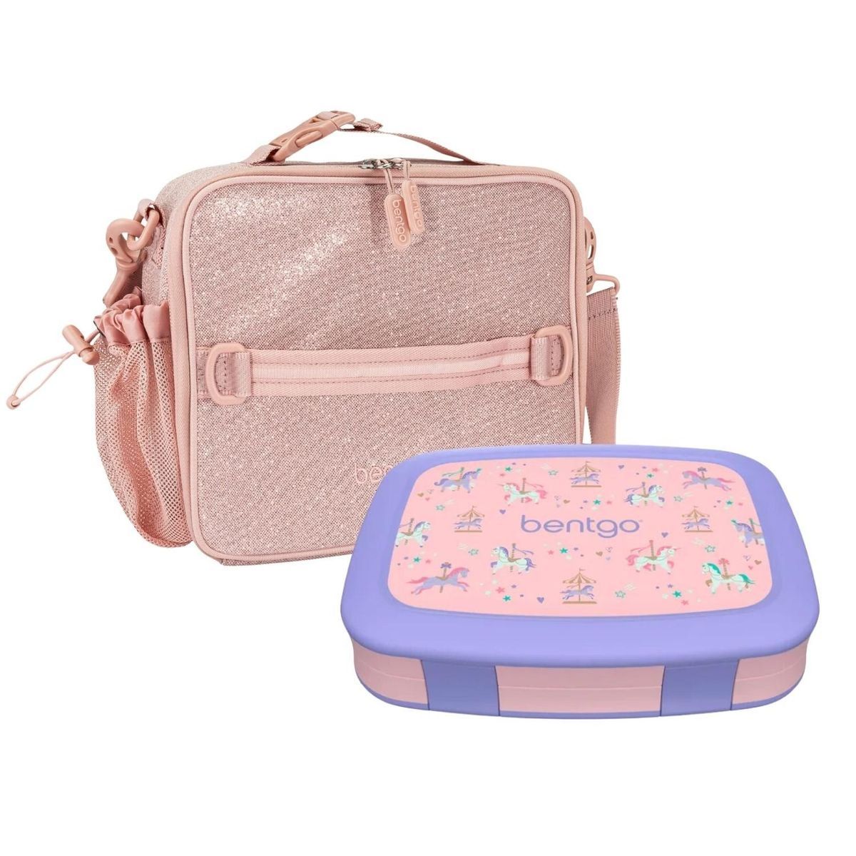 BENTGO - Set Lonchera Unicornios en Carrusel y Porta Lonchera Bentgo Rosa Glitter