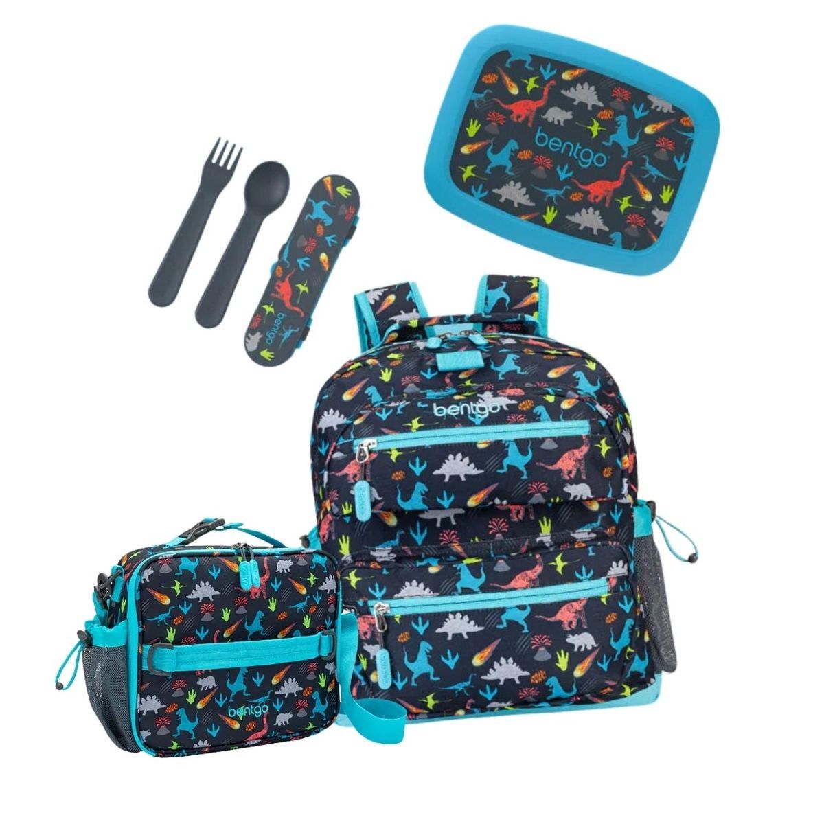 BENTGO - Set Bentgo Mochila Escolar, Lonchera, Porta Lonchera y Cubiertos - Dinosaurio