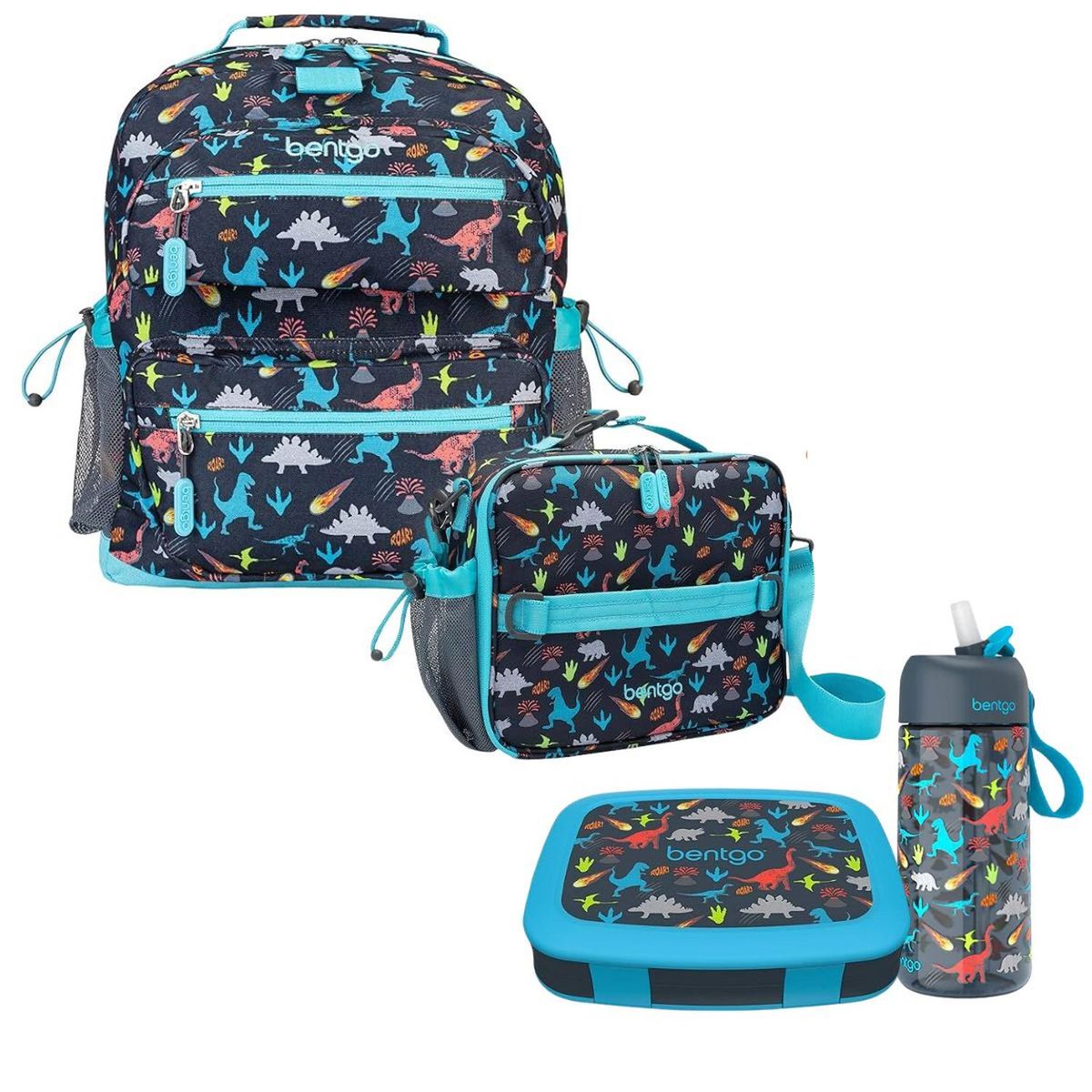 BENTGO - Set Bentgo Mochila Escolar, Lonchera, Porta Lonchera y Tomatodo - Dinosaurio