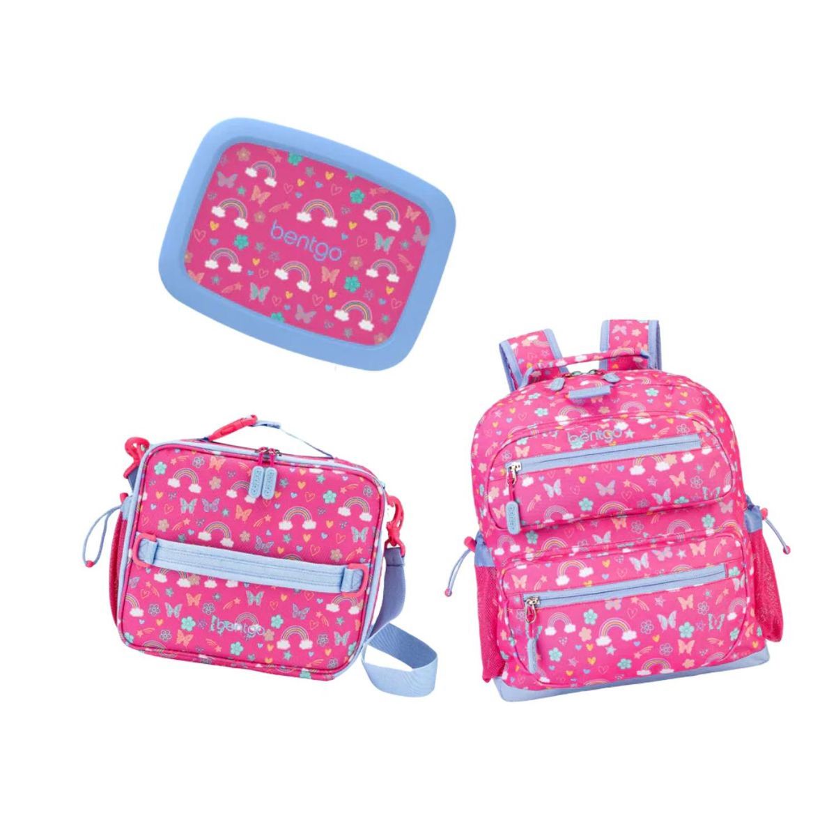 BENTGO - Set Bentgo Mochila Escolar, Lonchera y Porta Lonchera - Arcoiris y Mariposas
