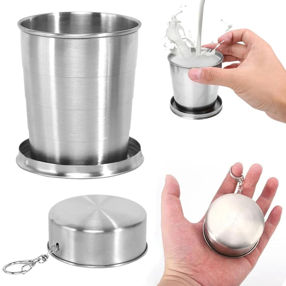 GENERICO - 3 Vaso Plegable de Acero Inoxidable 8cm con Llavero Reutilizable 140ml