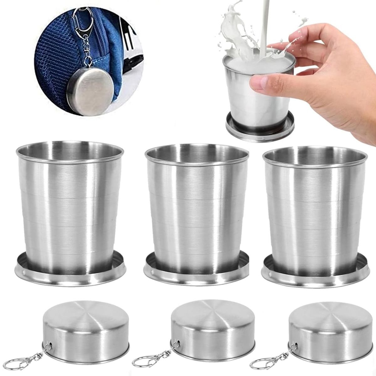 GENERICO - 3 Vaso Plegable de Acero Inoxidable 8cm con Llavero Reutilizable 140ml