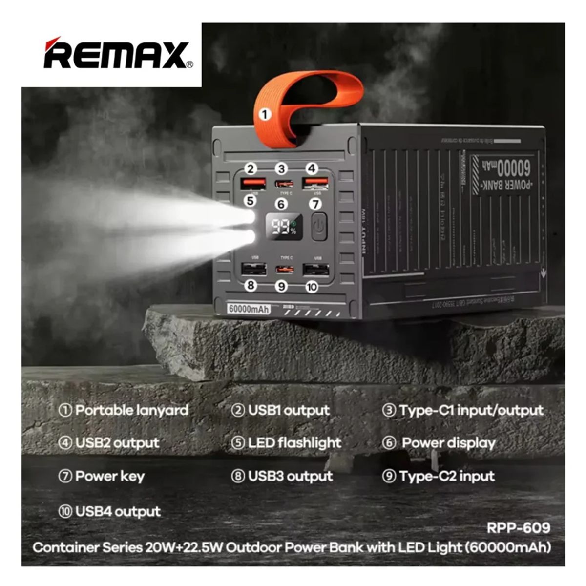 REMAX - CARGADOR PORTÁTIL REMAX con luz LED 60000 mAh 20W+22.5W VERDE