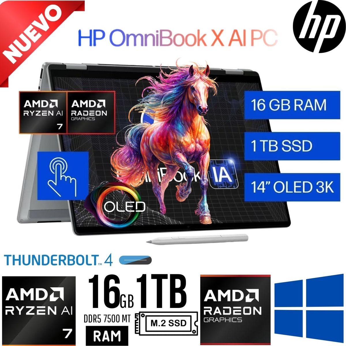 HP - LAPTOP  HP OMNIBOOK X FLIP NGAI 14-FK0072LA 14" 2.8K OLED R7 AI 350 RAM 16GB SSD 1TB W11