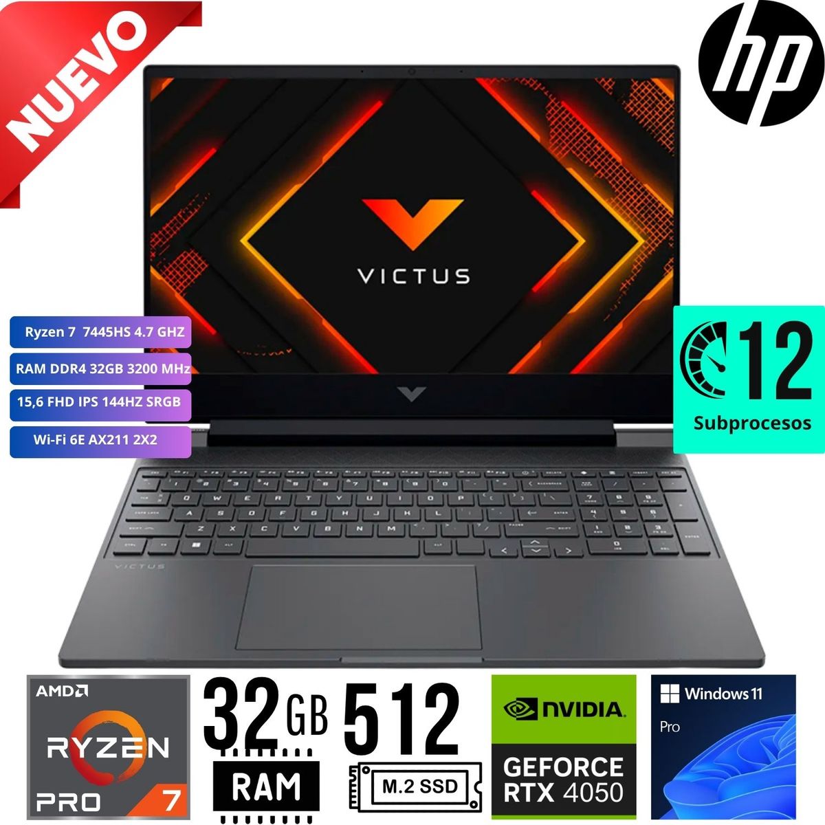 HP - LAPTOP GAMING HP VICTUS 15-FB3022LA 15,6 FHD 144Hz R7 7445HS RAM 32GB SSD 512GB RTX4050 6GB W11PRO