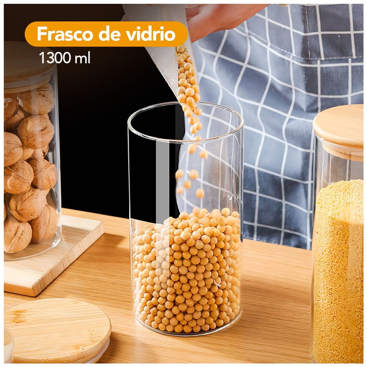 KELLER - Frasco de Vidrio Hermético con Tapa de Bambú 1300 ML V20