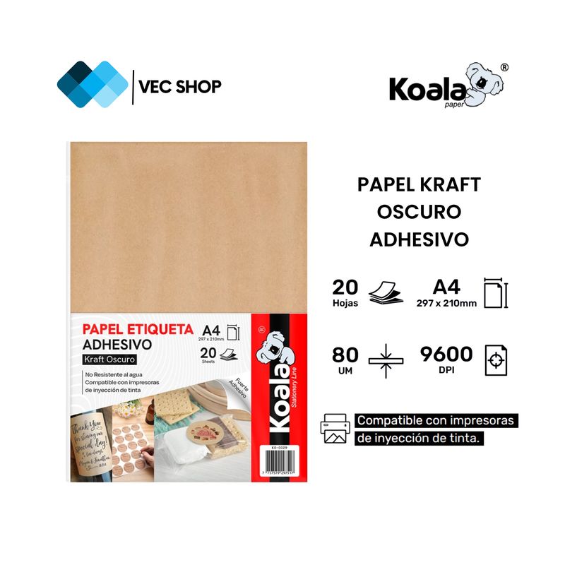 KOALA - Papel Fotográfico Kraft Oscuro Adhesivo A4 20 hojas