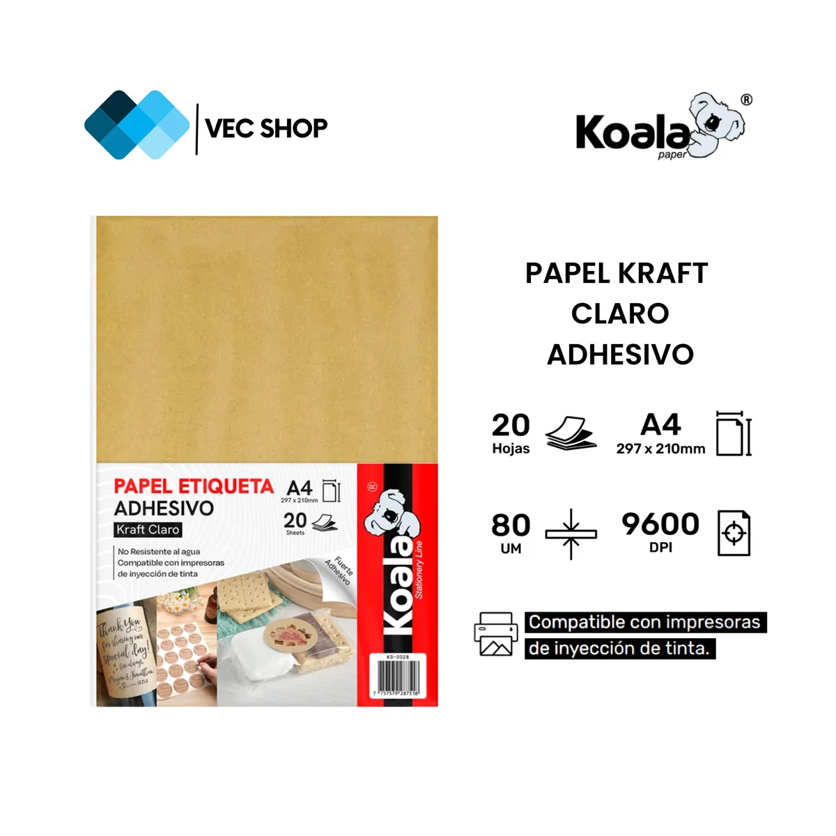 KOALA - Papel Fotográfico Kraft Claro Adhesivo A4 20 hojas